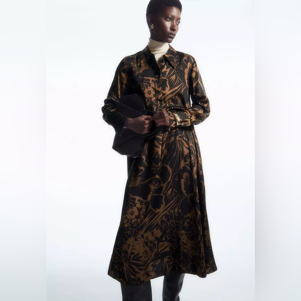 COS Women's Graphic Floral, Midi Printed Shirt-Dress - Black and Brown